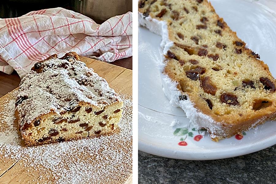 Großmutters Christstollen backen - Teig, Puderzucker, Rosinen, Zitronat, Orangat und Rum