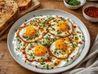 Bild zu: Hot Honey Eggs – Spiegeleier mit Chili-Honig und Joghurt