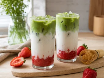 Bild zu: Strawberry Matcha Latte – Erdbeer-Matcha-Latte mit Milch