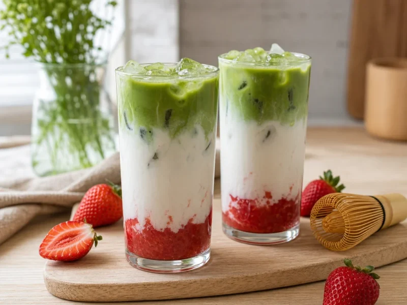 Bild zu: Strawberry Matcha Latte – Erdbeer-Matcha-Latte mit Milch